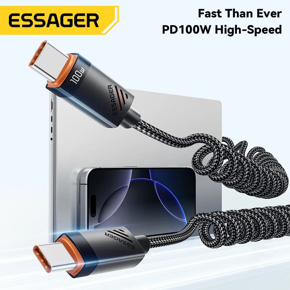 100W コイル状 USB-C to USB-C 高速充電ケーブル
