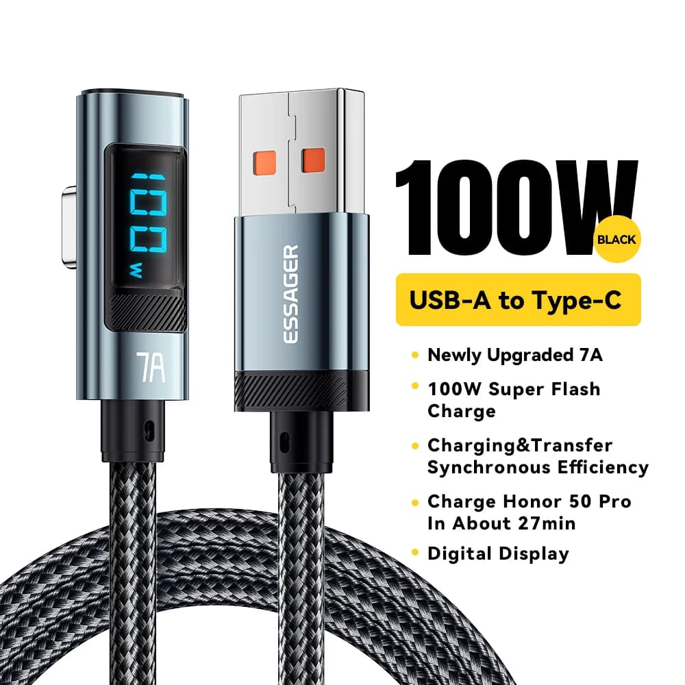 デジタルディスプレイ付き 7A 100W L字 USB-Cケーブル