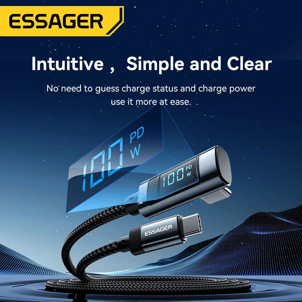 100W 5A L字 USB-C ケーブル LEDディスプレイ付き