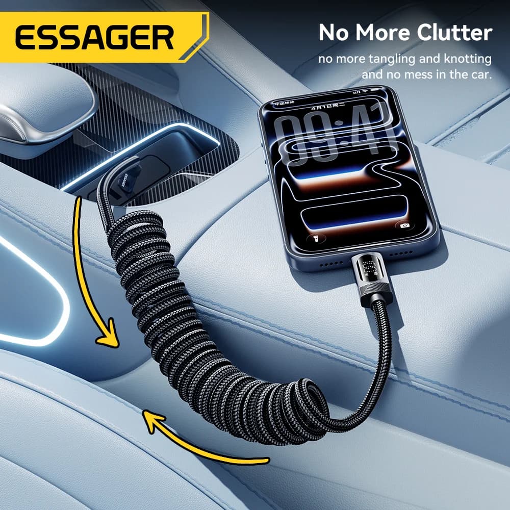 100W スプリング式USB-C to USB-Cカーケーブル