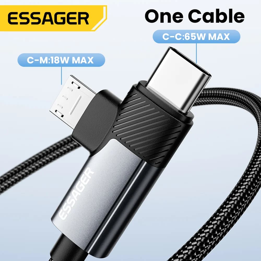 2-in-1 65W PD高速充電ケーブル Type-C/USB-A to Micro