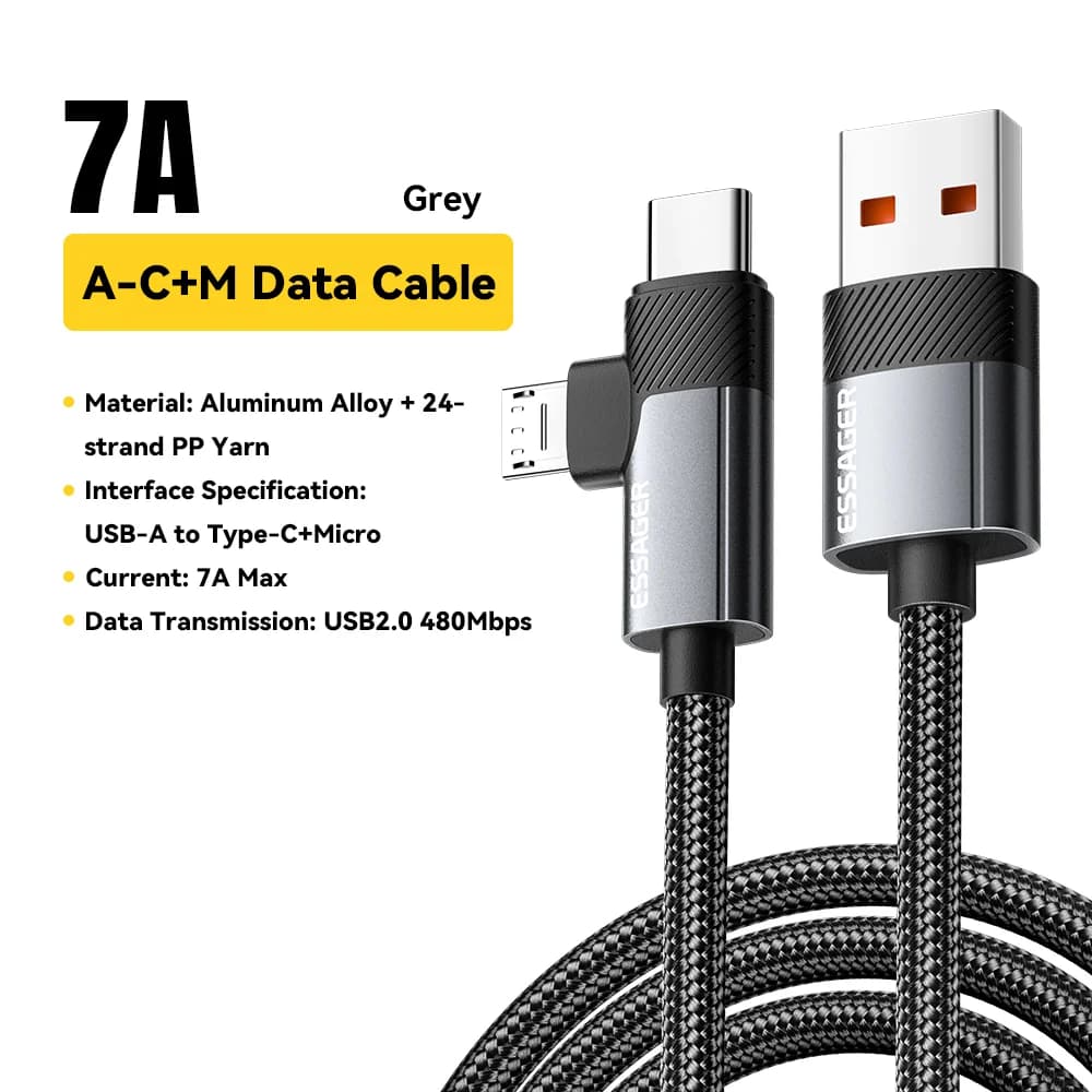 2-in-1 65W PD高速充電ケーブル Type-C/USB-A to Micro