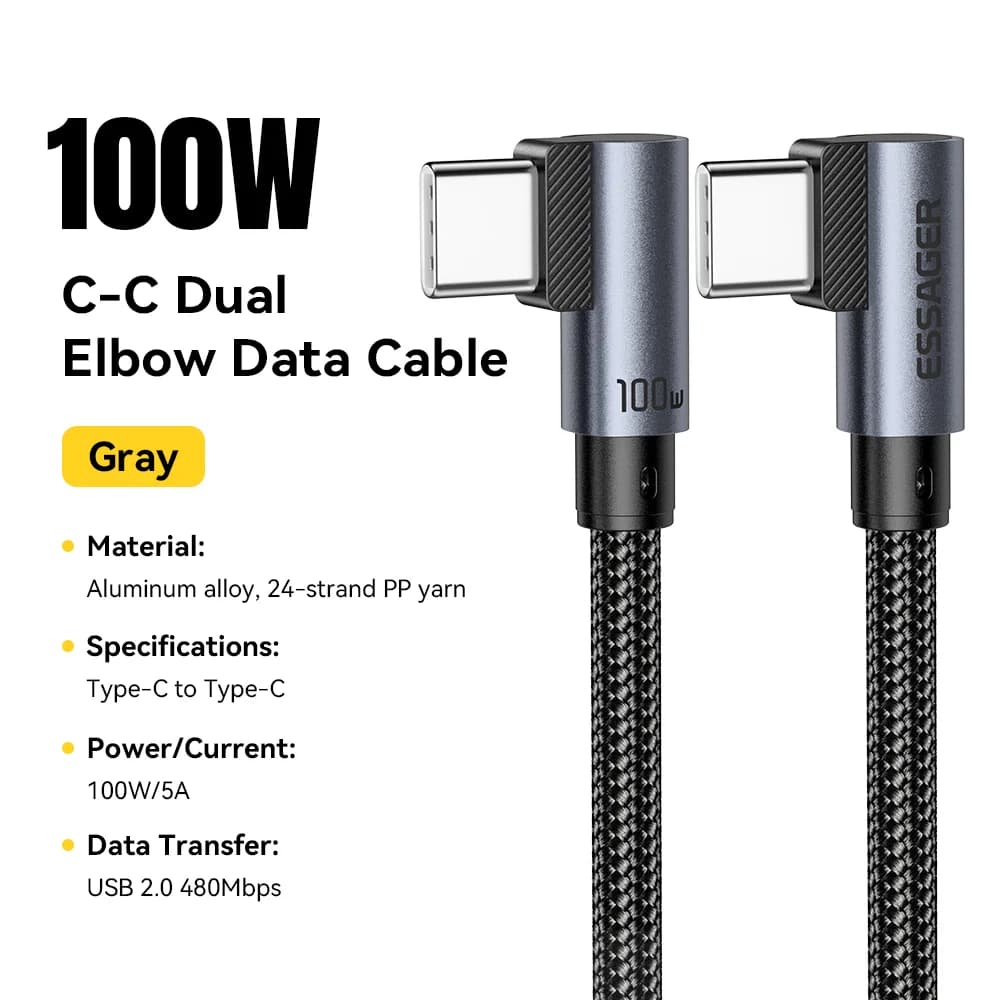 L字設計 100W USB-C to USB-C 高速充電ケーブル