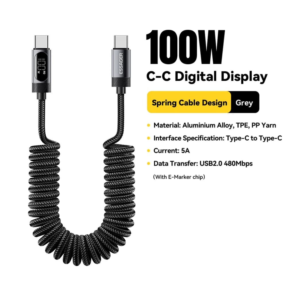 100W スプリング式USB-C to USB-Cカーケーブル